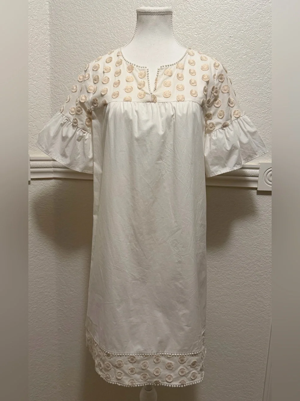 J.Crew Embellished Bell-Sleeve Shift Dress – Cream/Soft Blush Boho Style
